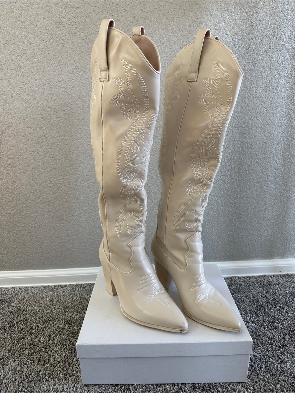Western Chic Cream Knee-High Cowboy Boots